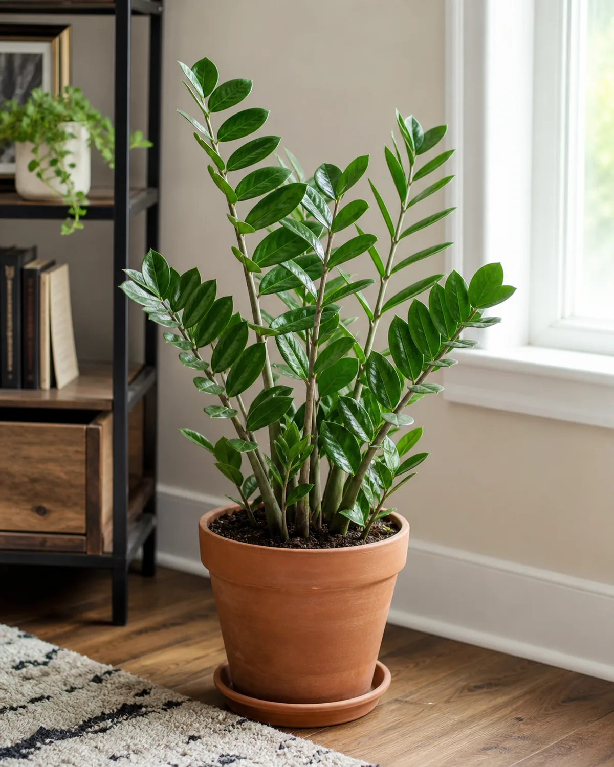 A ZZ plant in a plain pot with arching upright stems of glossy paired oval leaflets