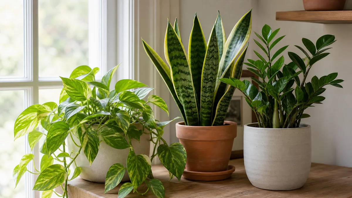 A grouping of easy beginner houseplants on a bright windowsill