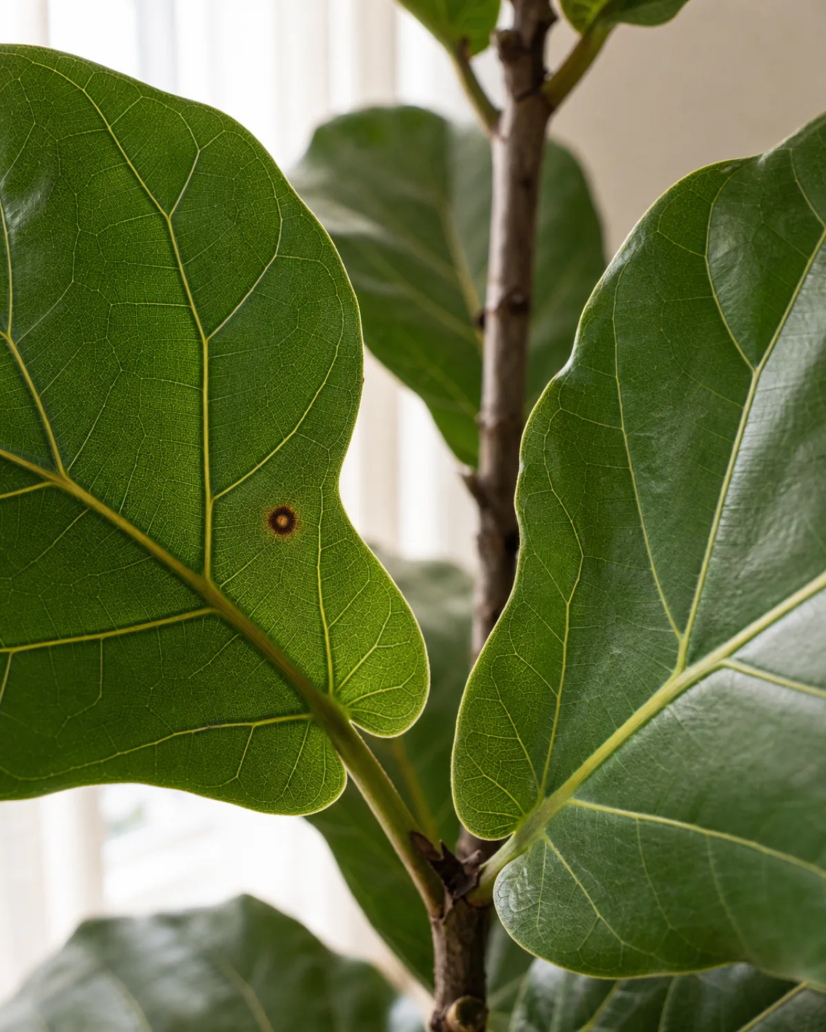 A tight macro closeup of two large leathery violin shaped lyre fiddle leaf fig leaves side by side on the same upright woody stem with the leaf on the left showing a small dark brown spot near the center with a sharply defined dark brown halo edge and the leaf on the right showing a small bleached pale tan dry crispy patch only at the outer leaf edge