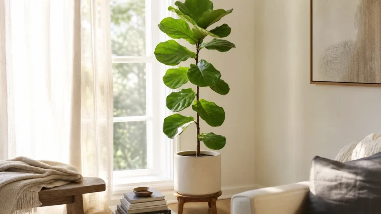 A mature five foot fiddle leaf fig in a plain pale cream ceramic floor pot standing on a low wood riser beside a tall south facing window in a real living room with the single woody stem rising the height of the window and large leathery violin shaped lyre broadleaves alternating up the trunk in warm bright afternoon daylight