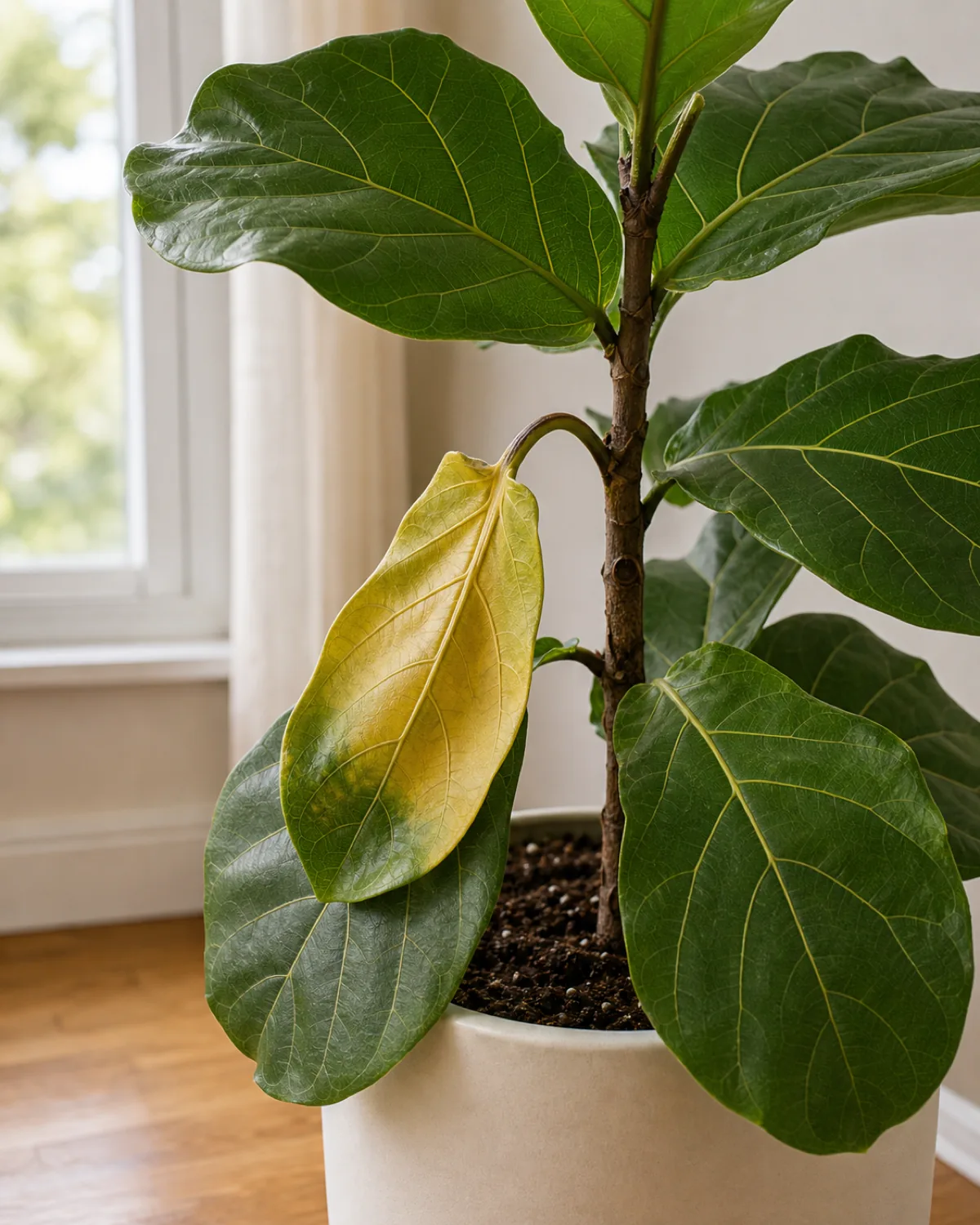 A medium tight closeup of a fiddle leaf fig in a plain pale cream ceramic floor pot in a real home with one large leathery violin shaped lyre broadleaf in the middle of the plant clearly drooping at the petiole and yellowing at the base while the leaves above and below it remain firm and deep glossy green