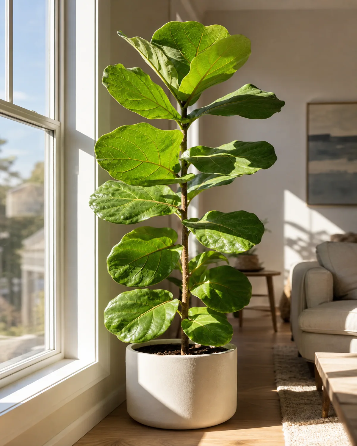 A mature Ficus lyrata in a plain pale cream ceramic floor pot directly beside a tall south facing window in a real living room with bright real afternoon direct sun streaming sideways across the large leathery violin shaped lyre leaves and a clear network of pale green veins highlighted on the lit side of each leaf