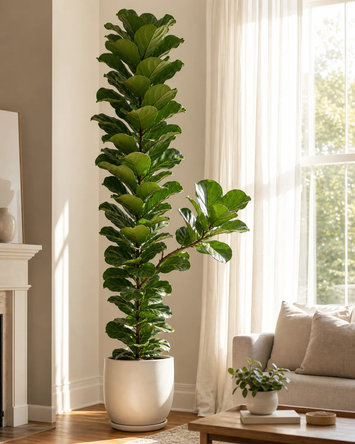 A very large mature six foot Ficus lyrata heirloom fiddle leaf fig in a plain pale cream ceramic floor pot in a sunlit real living room with a tall south facing window behind and the single woody stem rising straight up the full height with large leathery violin shaped lyre broadleaves alternating densely up the stem the whole way from the pot rim to the top and a faint pale notch scar visible on the trunk about two feet up with a small lateral side branch