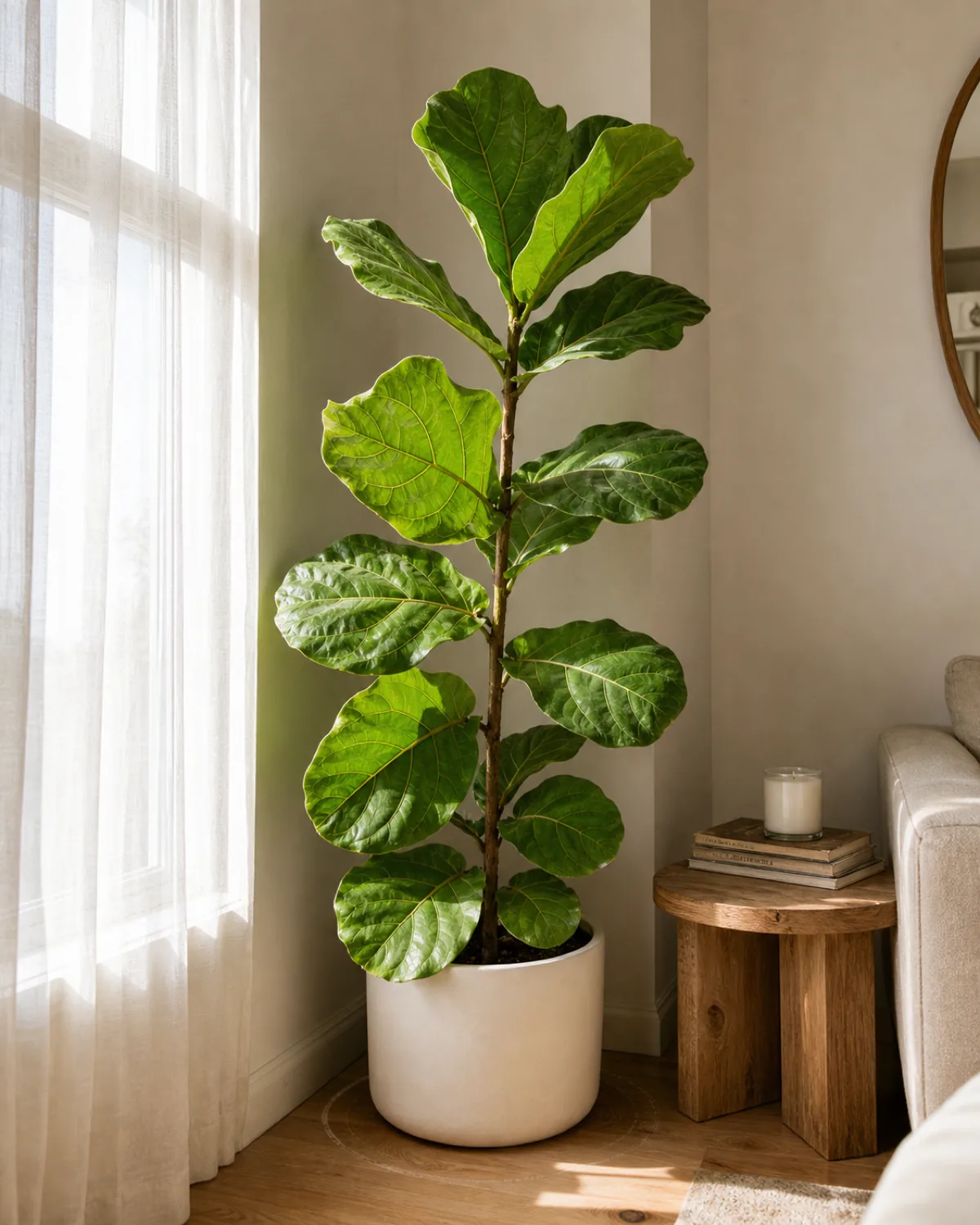 A mature five foot Ficus lyrata in a plain pale cream ceramic floor pot tucked into a fixed corner of a real living room next to a tall south facing window with a faint pale ring on the wood floor right behind the pot showing the plant has clearly been in the exact same spot for many months and large leathery violin shaped lyre broadleaves leaning slightly toward the window