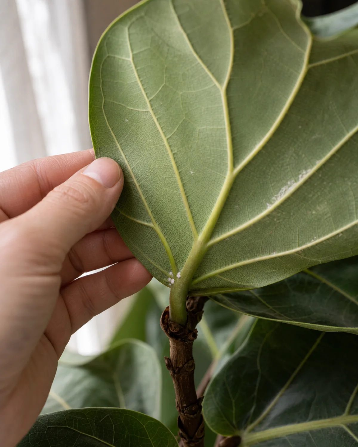 A macro closeup of a hand gently turning over one large leathery violin shaped lyre fiddle leaf to inspect the underside with a couple of tiny visible white fuzz mealybug specks clustered in the angle where the petiole meets the leaf base and a few very thin pale silvery thrips streaks visible along one of the pale green veins on the underside of the leaf
