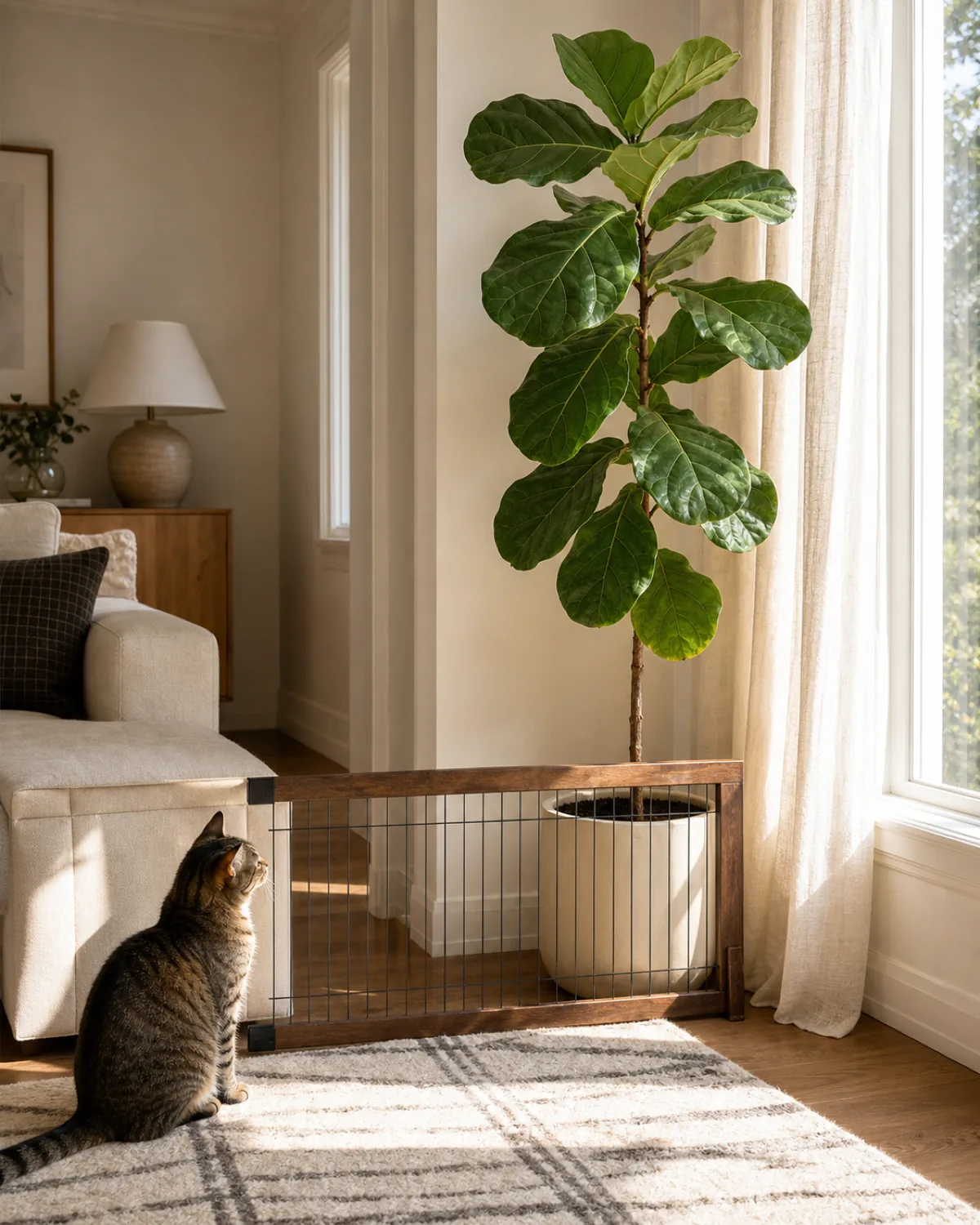 A real living room scene with a mature Ficus lyrata in a plain pale cream ceramic floor pot standing in a corner next to a tall south facing window with a low pet gate or a small upholstered ottoman positioned between the pot and the rest of the room blocking floor access and a calm tabby cat sitting on a sunny rug on the far side looking past it at the leaves