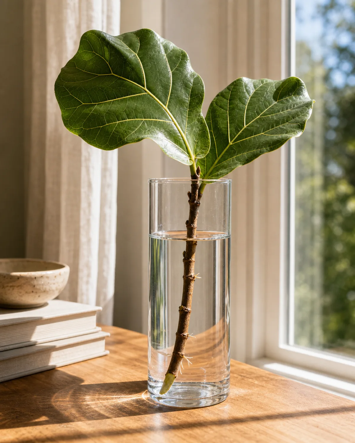 A tall clear glass vase of clean water on a sunlit wood table beside a tall window holding a single fresh fiddle leaf fig stem cutting about ten inches long with a clean diagonal cut at the submerged base and two large leathery violin shaped lyre broadleaves on the upper part of the cutting and fine pale new water roots half an inch long already emerging from the cut base