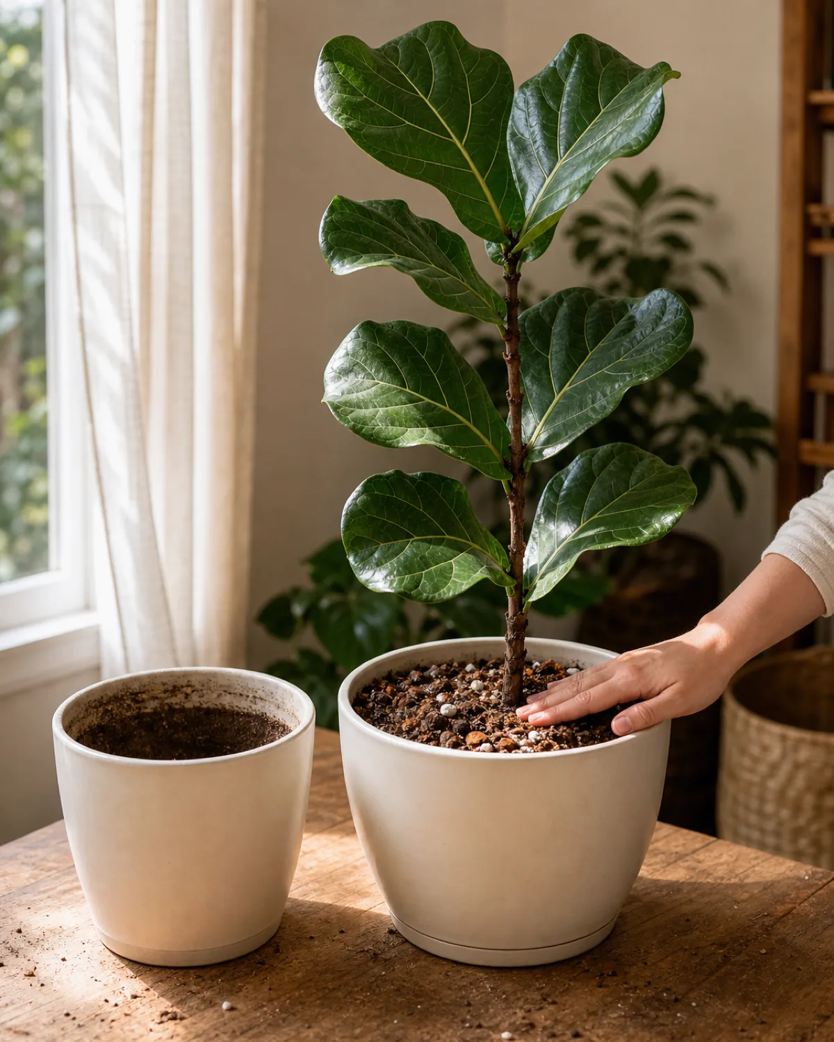 A low wood work table with two plain pale cream ceramic pots side by side with the left one a snug ten inch pot that just held the fiddle and the right one a only one size larger twelve inch pale cream ceramic pot now holding a freshly replanted three foot fiddle leaf fig in fresh chunky bark and soil and perlite mix