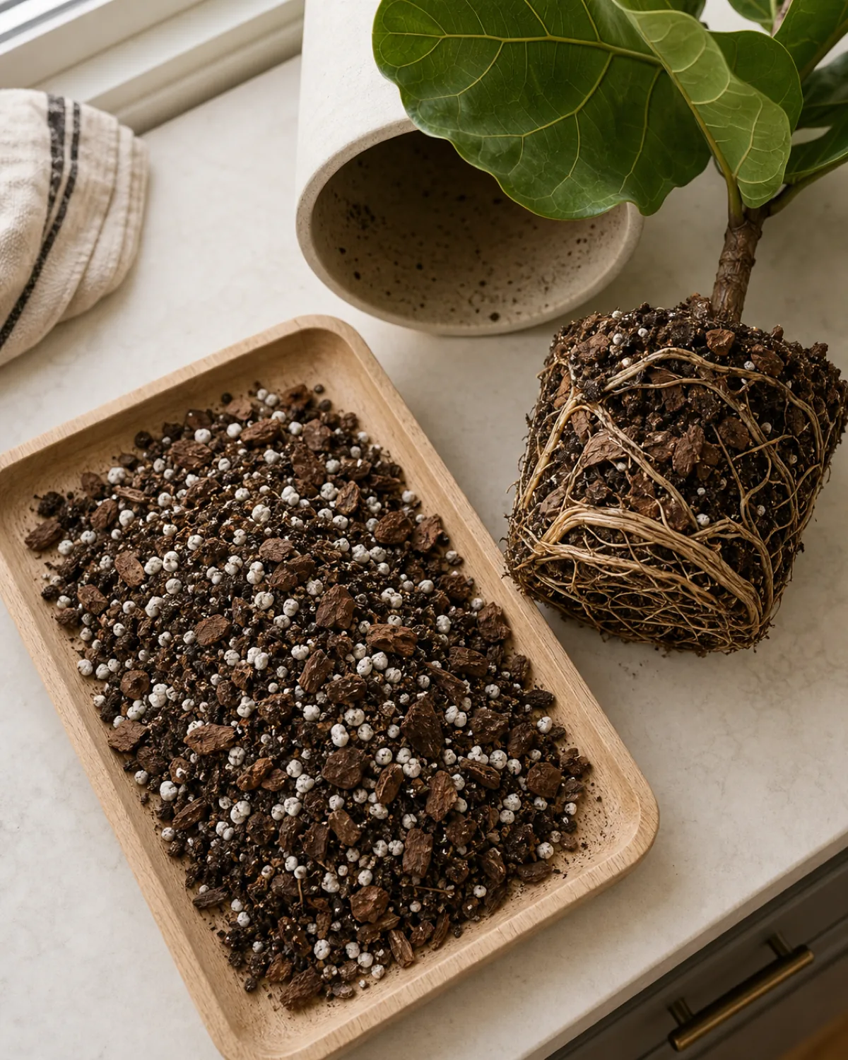An overhead view of a low wood tray on a kitchen counter holding a freshly mixed chunky fiddle leaf fig soil blend of dark indoor potting soil and golden brown orchid bark chunks and bright white perlite pellets with a tipped pale cream ceramic pot beside the tray and a small recently un potted fiddle root ball showing firm pale roots