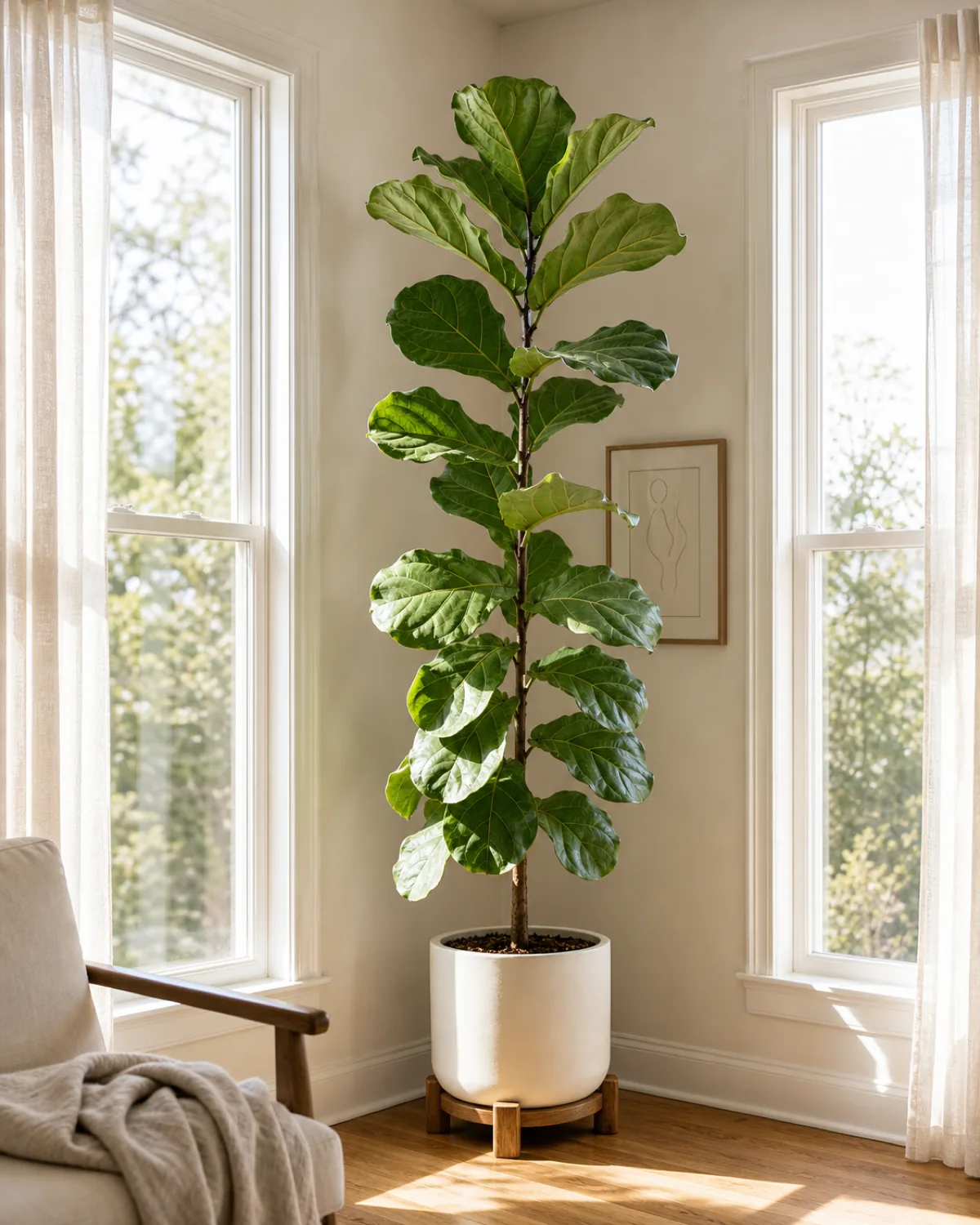 A real home corner with a mature Ficus lyrata in a plain pale cream ceramic floor pot standing on a low wood riser in the corner between a tall south facing window and a tall unobstructed east facing window both reaching nearly to the ceiling with sheer linen curtains pushed open on both sides so direct sun reaches the plant
