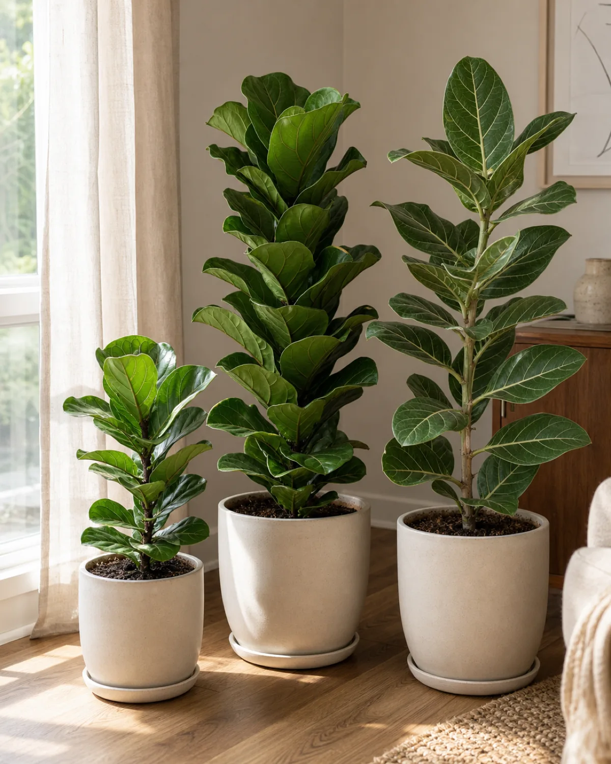 Three small to medium Ficus lyrata varieties grouped on a wood floor in a sunlit real living room with a small three foot Bambino dwarf fiddle on the left and a four foot standard Ficus lyrata Compacta densely packed in the center and a slightly different cousin Audrey Ficus benghalensis on the right with whiter more prominent veins and a more upright open habit