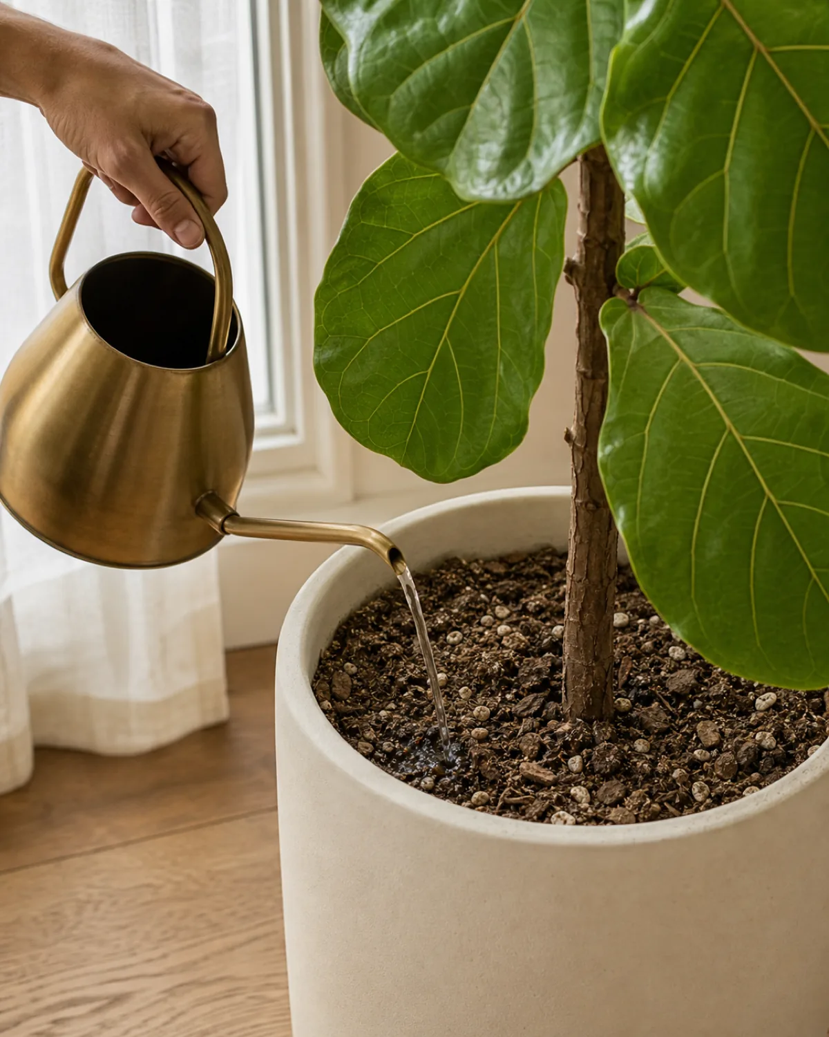 A hand pouring a steady stream of water from a tall narrow spout watering can into the top of a plain cream ceramic floor pot holding a mature fiddle leaf fig with the chunky bark and perlite and peat soil surface clearly bone dry and pulled back from the pot edge before the pour starts