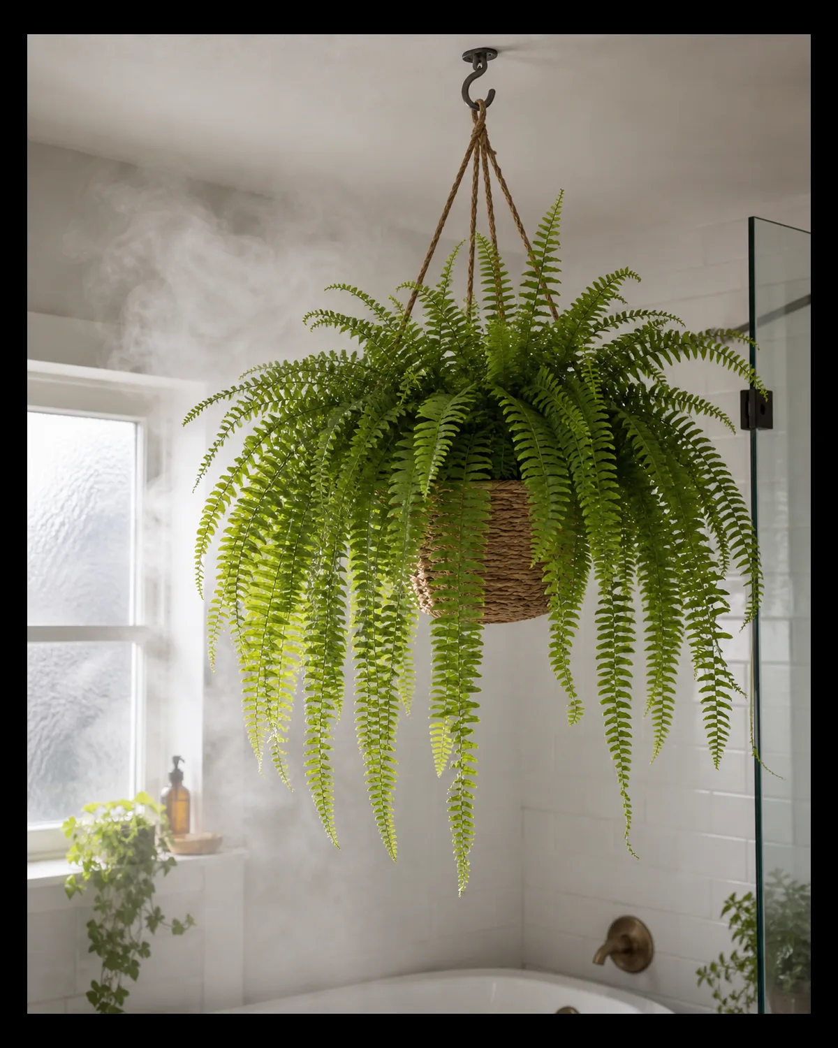 A lush mature Boston fern in a hanging seagrass basket from a ceiling hook in a bright bathroom near a frosted window with bright-green pinnate feather-like fronds arching out and over the basket edge in a soft fluffy cascade