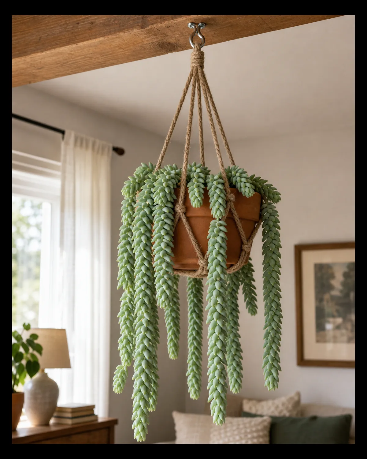 A mature burro's tail sedum in a heavy terracotta pot inside a thick natural-rope macrame hanger from a sturdy ceiling hook into a visible joist with many thick ropy cascades of plump blue-green rice-grain succulent leaves