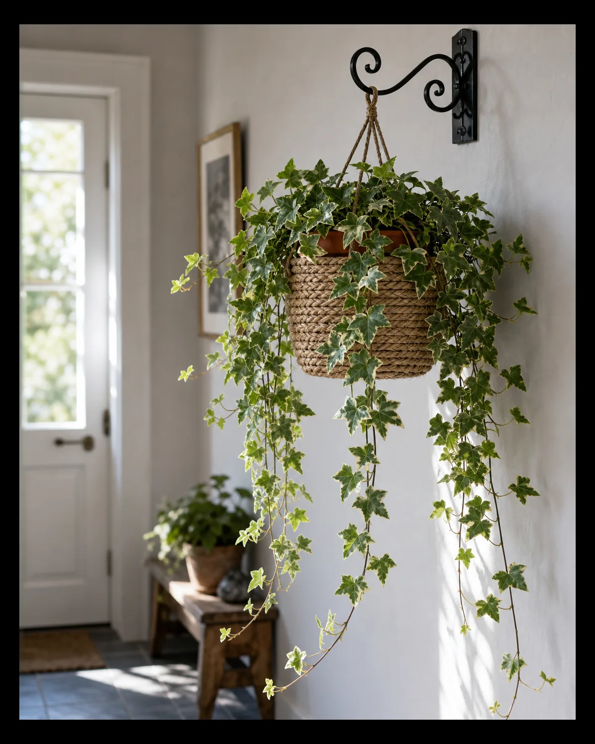 A mature English ivy in a terracotta pot inside a simple woven seagrass basket on a wall-mounted iron bracket in a cool sunlit entryway with long flexible vines of lobed cream-and-green variegated ivy leaves draping over the basket edge
