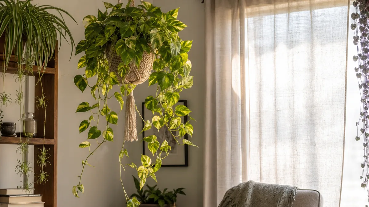 A real living-room corner with multiple hanging plants at staggered heights including a golden pothos cascading from a macrame hanger a spider plant with dangling babies from a tall bookshelf and a string of hearts dripping from a high curtain rod