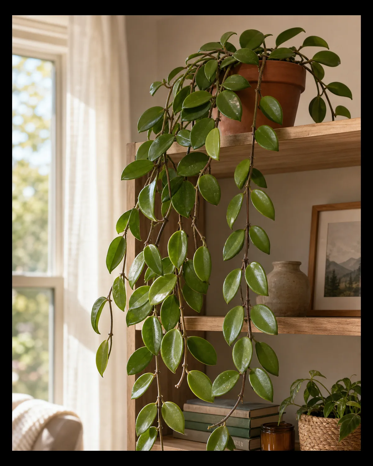 A mature hoya carnosa wax plant in a small terracotta pot on a high open wood shelf edge with woody trailing vines and many thick waxy oval glossy succulent leaves draping straight down over the shelf in a sunlit living room corner
