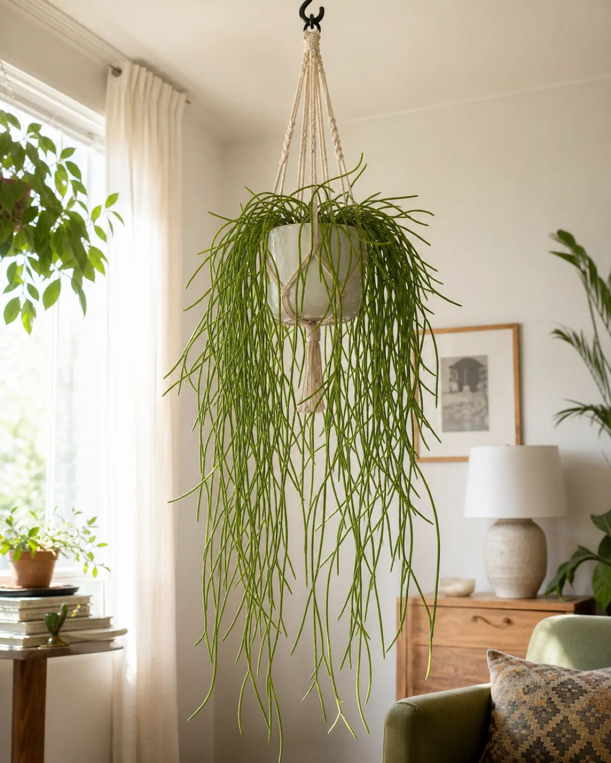 A mature mistletoe cactus in a small ceramic pot inside a simple natural-rope macrame hanger from a ceiling hook in a bright sunlit living room corner with many thin soft spineless pencil-like green succulent stems forming a wild floppy cascade