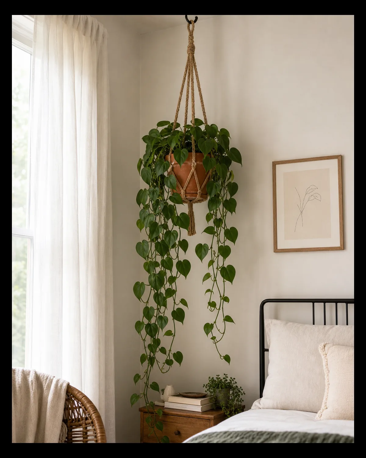 A heart-leaf philodendron in a terracotta pot inside a natural-jute macrame hanger with long flexible vines of small deeper-green uniform heart leaves cascading from a ceiling hook in a calm bedroom corner