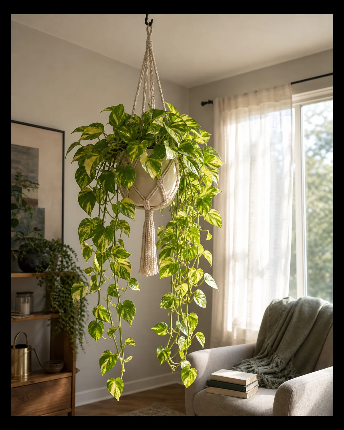 A mature golden pothos cascading from a woven macrame hanger on a ceiling hook with long heart-leaf green-and-yellow variegated vines dripping several feet down in a sunlit real living room