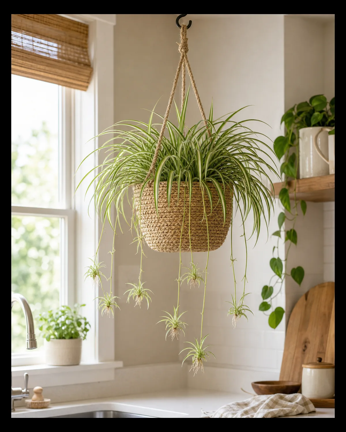 A lush mature spider plant in a hanging woven seagrass basket from a ceiling hook in a bright kitchen corner with arching cream-and-green striped grass-like leaves and several baby plantlets dangling on wiry stolons over the basket edge