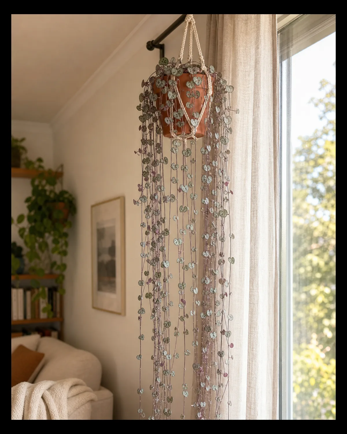 A mature string of hearts in a small terracotta pot inside a slim macrame hanger from a high curtain rod with many thin wiry purple-tinged strands dripping straight down covered in tiny silver-marbled heart-shaped leaves