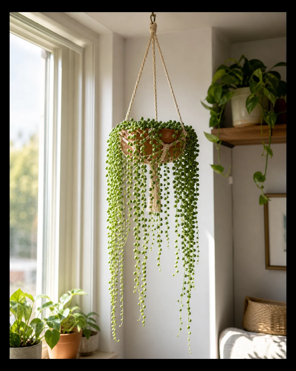 A mature string of pearls in a shallow terracotta pot inside a small macrame hanger from a ceiling hook near a sunny west-facing window with many pendant strands of round green pea-sized bead-leaves like falling water