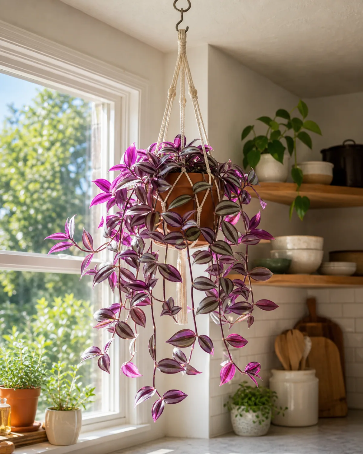 A mature tradescantia zebrina wandering dude in a small terracotta pot inside a simple macrame hanger from a ceiling hook above a bright sunny kitchen window with many soft trailing stems and pointed oval leaves striped in bright purple and silver