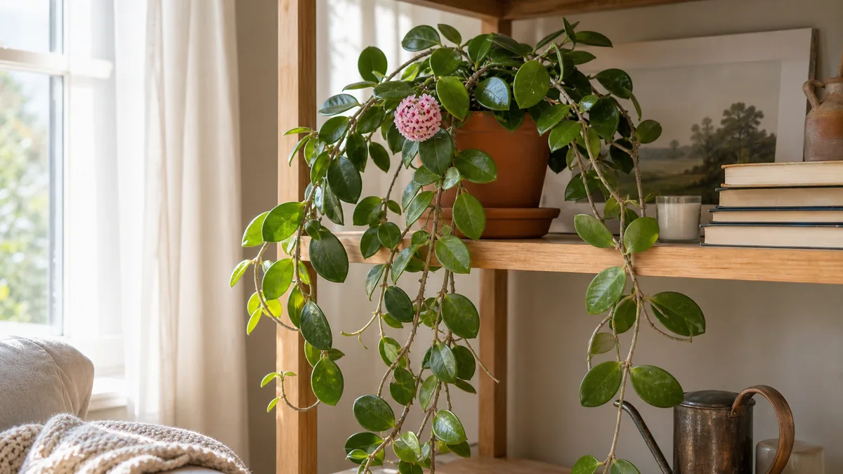 A mature hoya carnosa wax plant cascading from a high open wood shelf in a sunlit east-facing window with thick waxy oval green succulent leaves on woody trailing vines and one cluster of porcelain-pink star-shaped umbel flowers in soft afternoon daylight