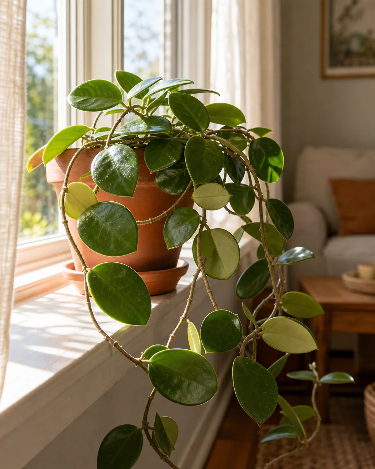 A mature hoya carnosa on a low east-facing windowsill with thick waxy oval green succulent leaves on a woody trailing vine catching clear bright morning direct sunlight from the side with the wax cuticle visibly glowing