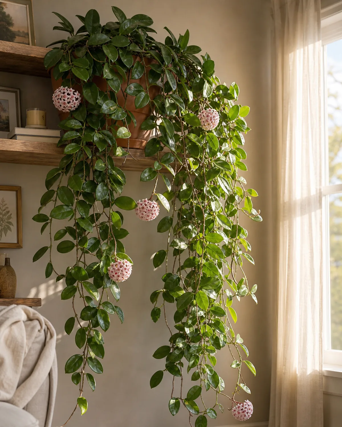A very large mature heirloom hoya carnosa in a plain medium terracotta pot on a high open wood shelf in a sunlit real living room with dozens of woody trailing vines carrying many thick waxy glossy oval green leaves cascading three to four feet down the wall and three or four spherical porcelain pink star flower umbel clusters in various stages of bloom