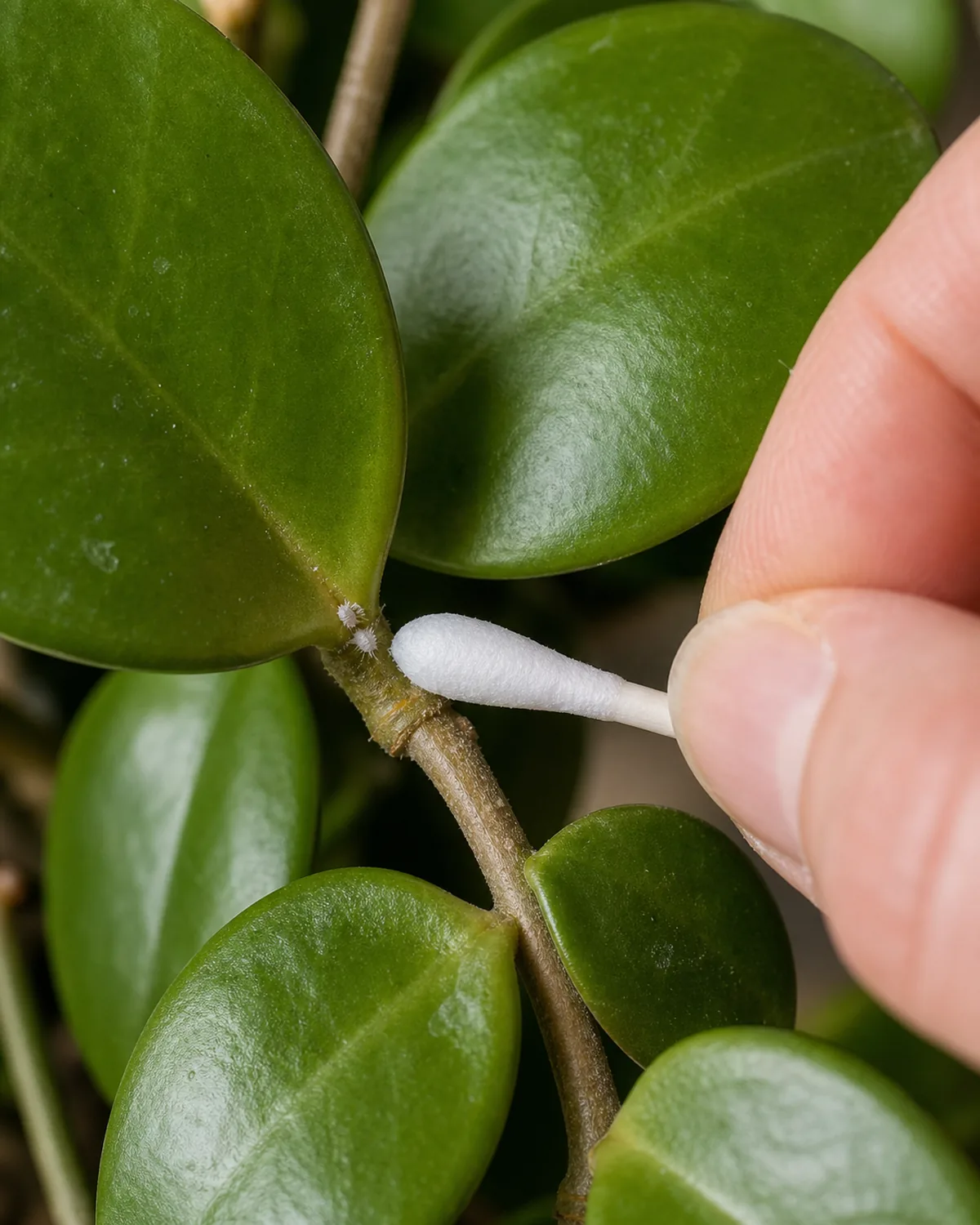 A macro closeup of a hand using a single cotton swab to dab the joint where a hoya carnosa leaf meets a woody vine with a couple of tiny visible white fuzz mealybug specks in the joint about to be wiped and thick waxy oval green leaves filling the soft focus around