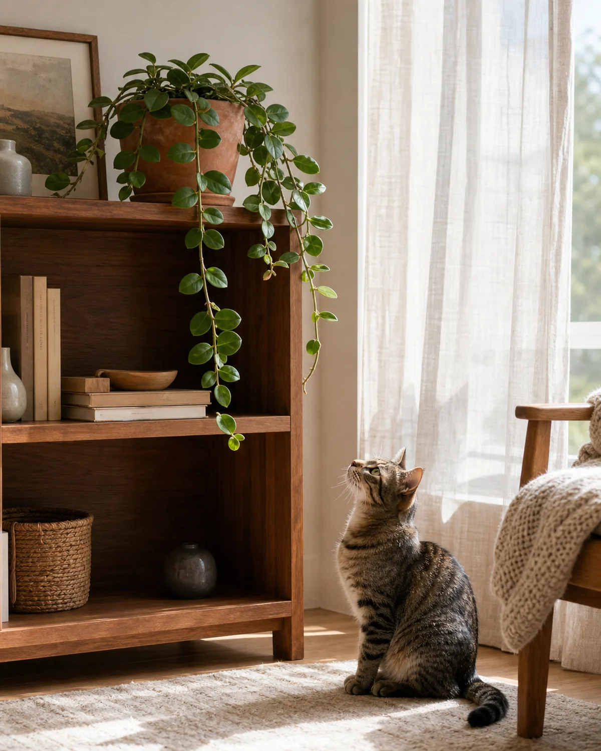 A real living room with a mature hoya carnosa in a terracotta pot on a high open wood shelf and a calm tabby cat sitting on a rug on the floor below looking up at the dangling waxy oval green leaves with curiosity