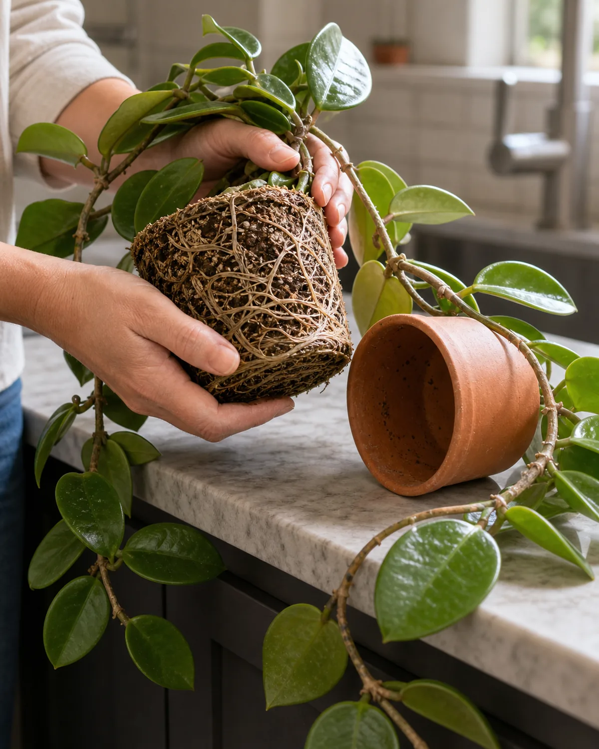 A pair of hands lifting a mature hoya carnosa root ball out of a small snug terracotta pot on a kitchen counter with the root ball clearly the same pot-shaped cylinder of dense pale roots packed with bits of bark and the empty pot tipped beside it showing the snug fit