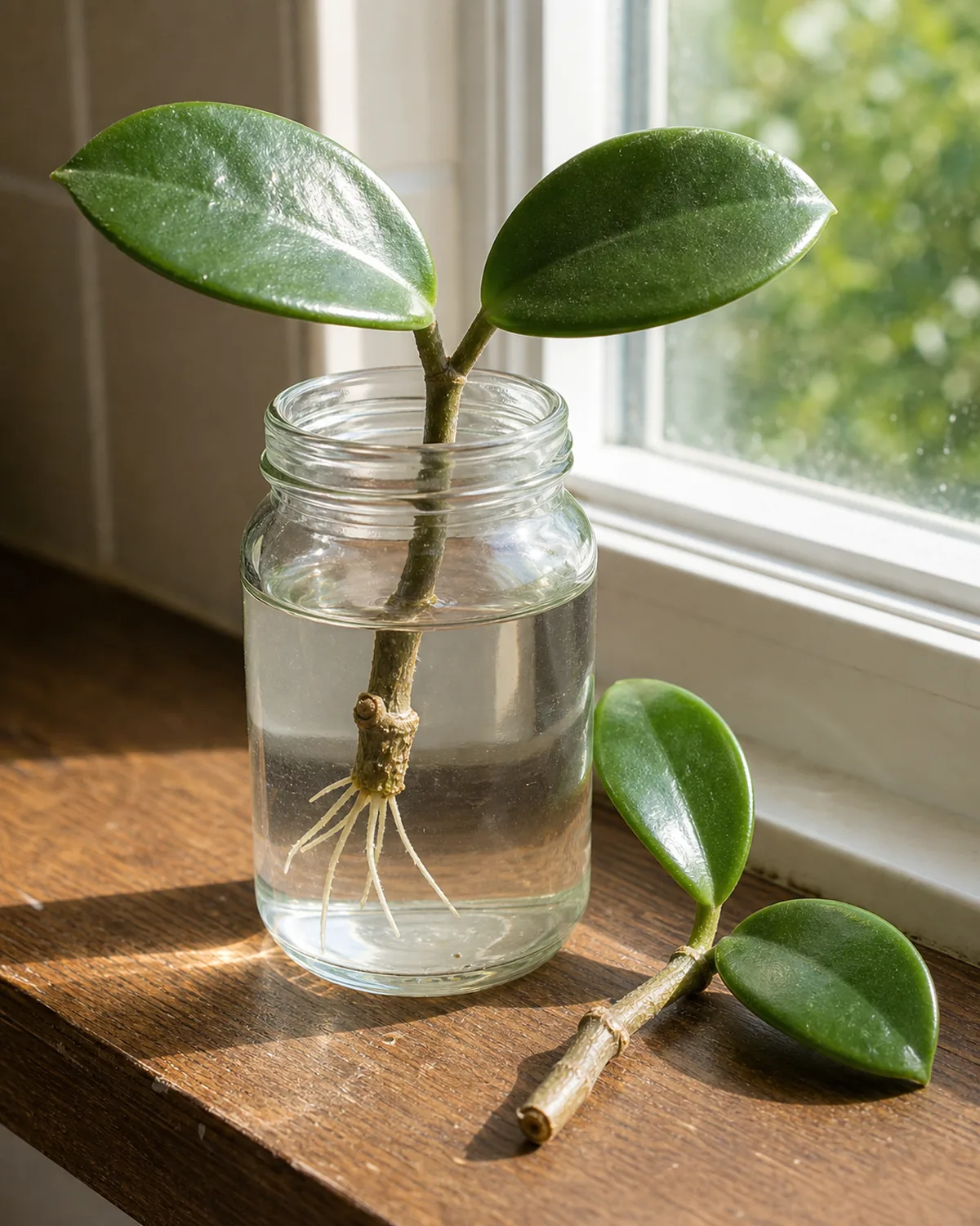A clear small glass jar of clean water on a sunlit kitchen windowsill holding a single short hoya carnosa stem cutting with the lower node submerged showing fine pale new water roots an inch long and the upper node above water carrying two thick waxy oval green leaves