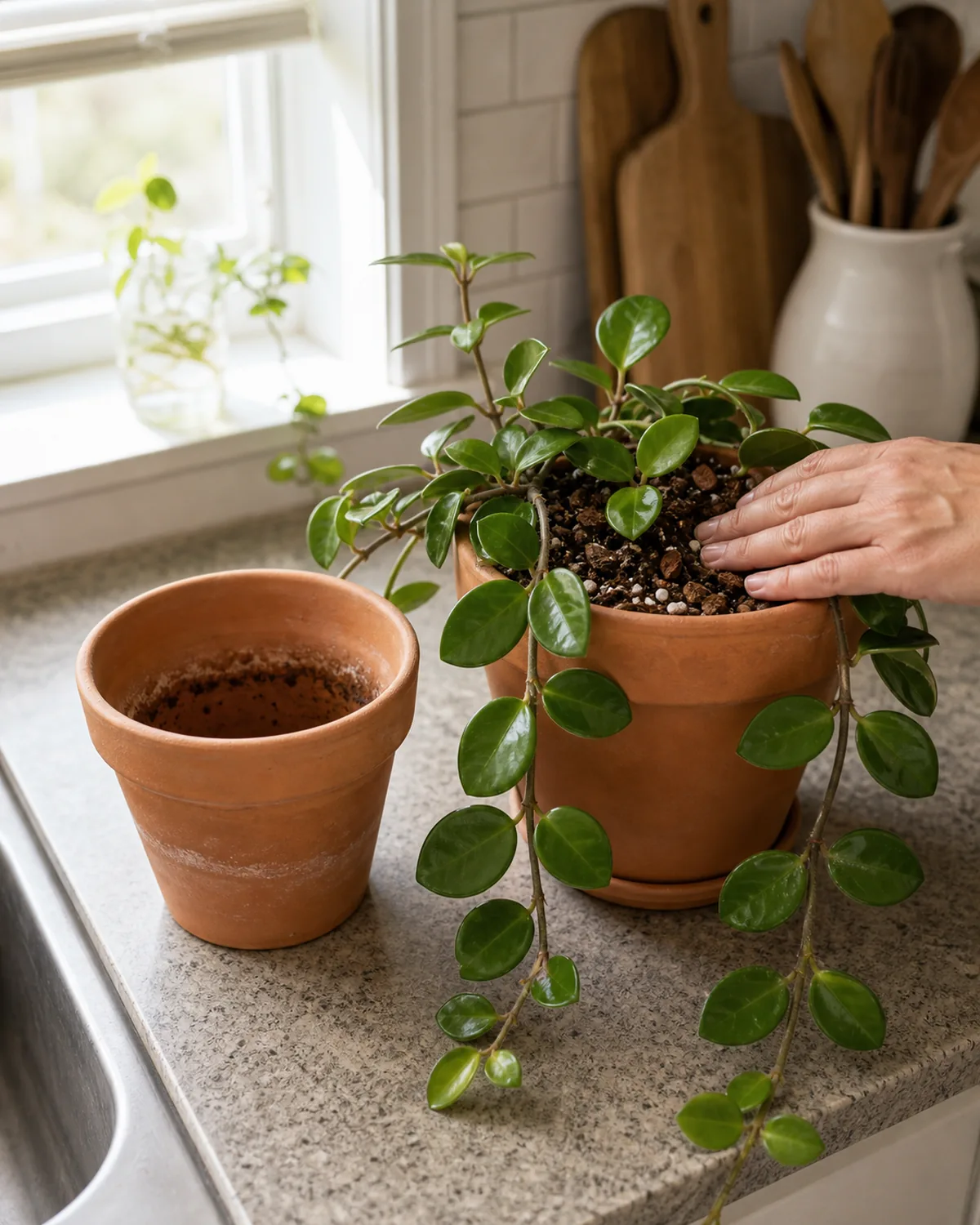 A kitchen counter with two terracotta pots side by side, a smaller snug six inch pot on the left that just held the hoya and a only one size larger seven inch terracotta pot on the right now holding a freshly replanted mature hoya carnosa in the same chunky bark and perlite mix