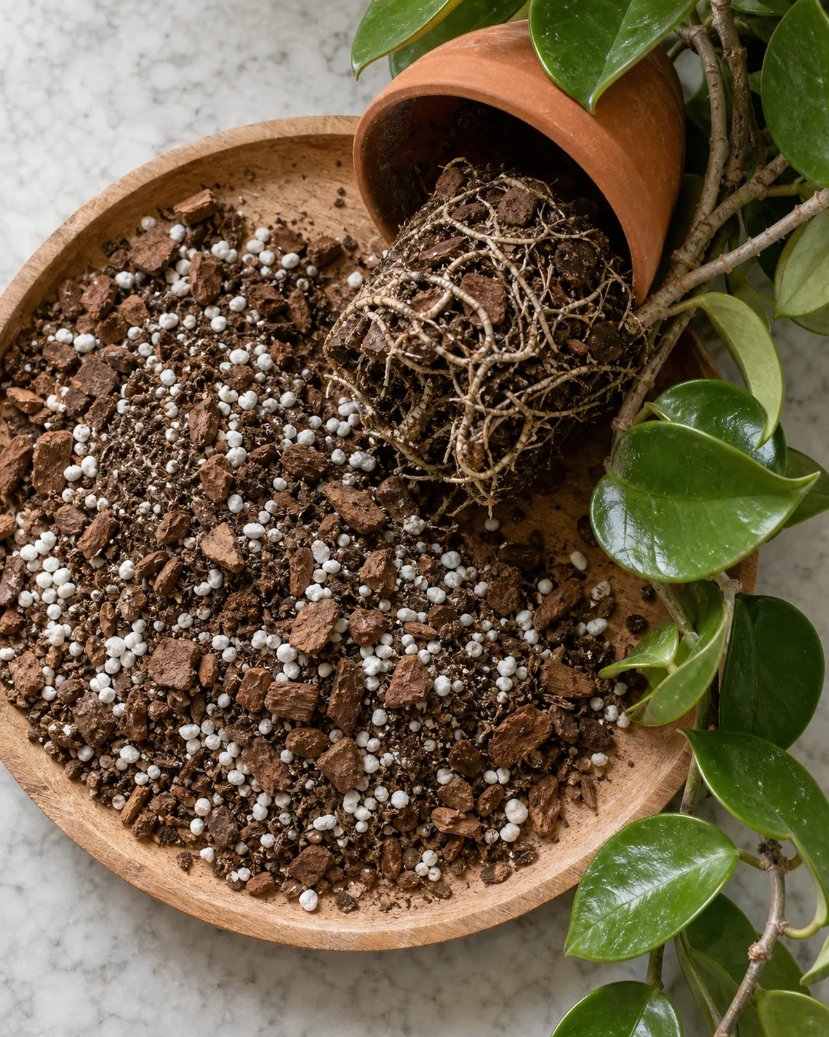 An overhead view of a wood tray on a kitchen counter holding a freshly mixed soil blend of golden brown orchid bark chunks and bright white perlite pellets with a small handful of darker peat sprinkled in and a tipped terracotta pot with hoya roots clinging to chunks of old bark