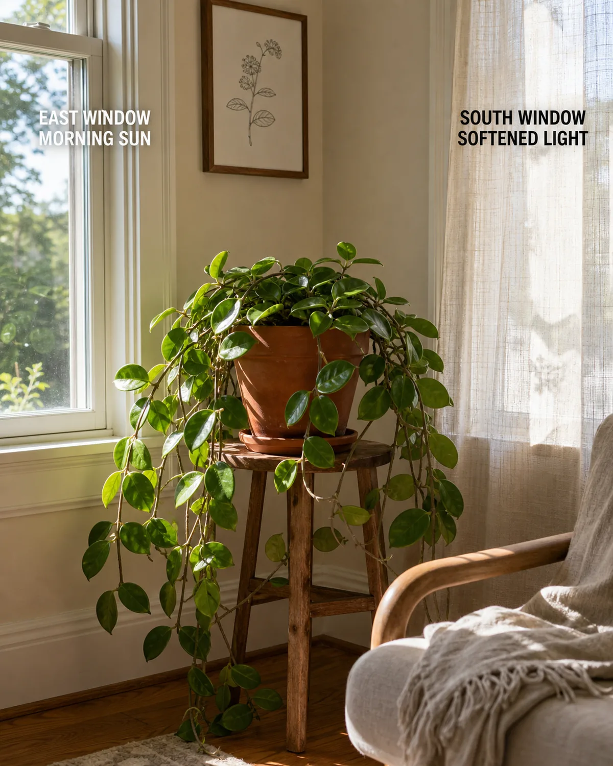 A real home corner with a mature hoya carnosa in a terracotta pot on a low wood plant stand placed in the corner where an east-facing window meets a south-facing window with the east window bright with direct morning sun and the south window softened by a sheer linen curtain