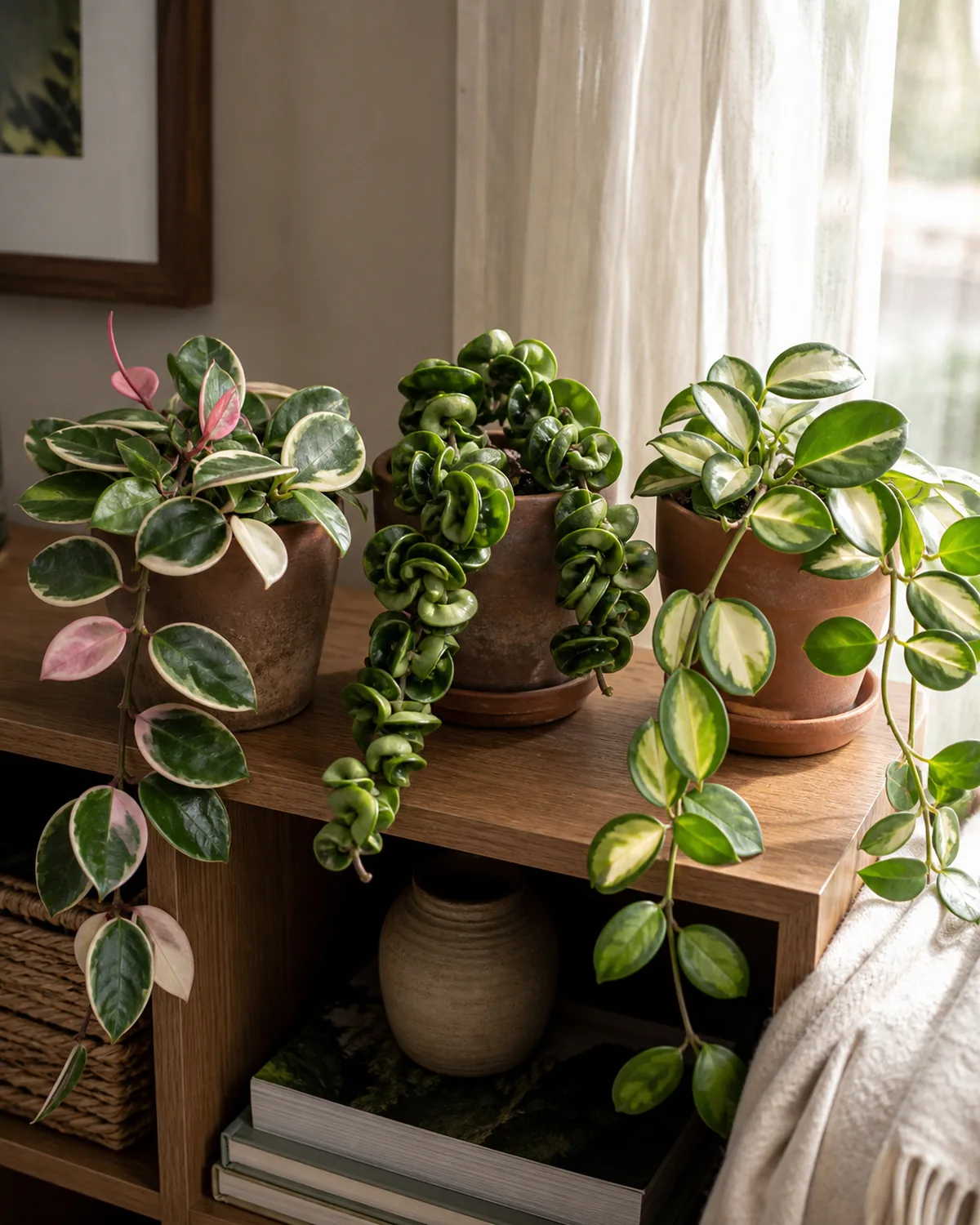 Three small mature hoya carnosa varieties grouped on a low wood shelf in a sunlit real living room with a Krimson Queen with cream-edged leaves on the left a Hindu Rope with tightly curled twisted waxy leaves on a short ropy stem in the center and a Krimson Princess with cream-centered leaves on the right