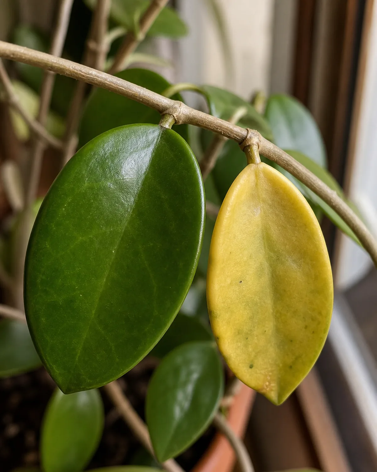 A medium tight closeup of two hoya carnosa leaves side by side on the same woody vine in a real home one clearly healthy firm thick deep glossy green waxy oval and the other clearly yellowing and slightly limp at the leaf base with the petiole soft and the leaf hanging at a slack angle