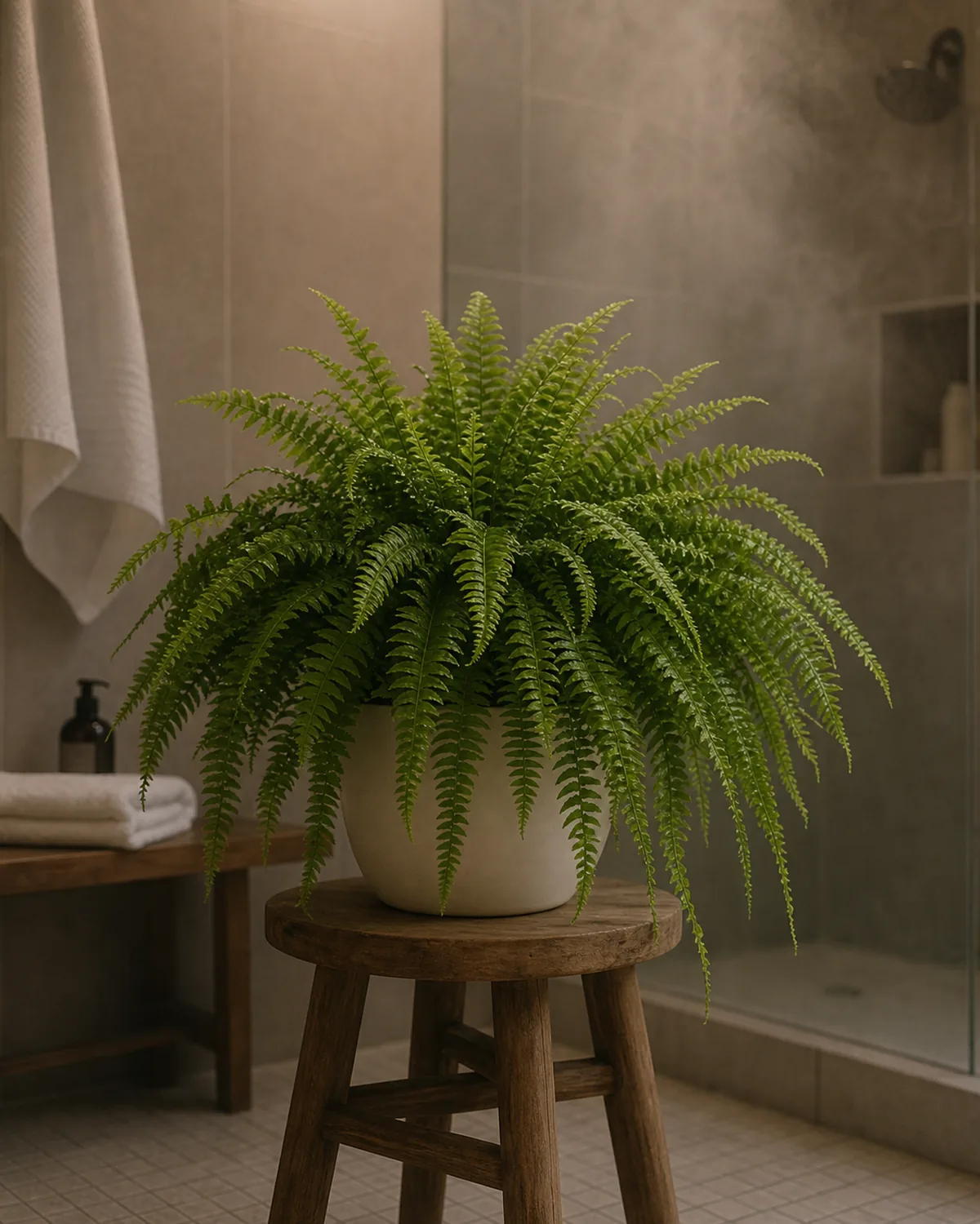 A mature Boston fern in a plain cream ceramic pot on a small wood stool in a real dim windowless bathroom with light tile background and a faint steam haze from a recent shower, soft warm ambient light from a ceiling fixture, bright-green fluffy pinnate arching fronds