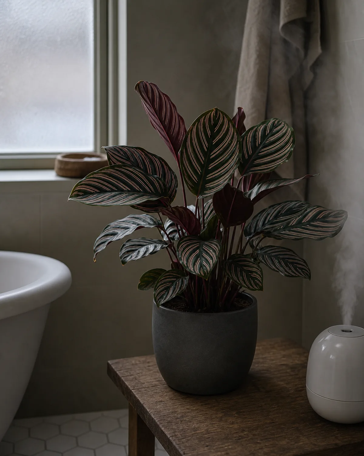 A mature calathea prayer plant in a plain charcoal ceramic pot on a low wood table in a dim real interior corner, bold feather-stripe-patterned oval leaves slightly lifted at the petiole showing the prayer motion