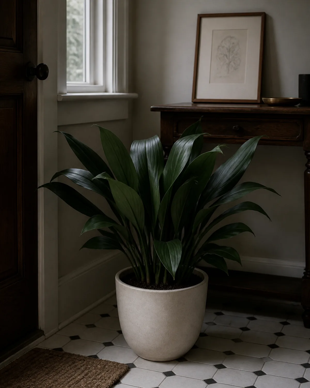 A mature cast iron plant in a plain pale-cream ceramic pot on the floor of a dim real entryway corner 3 feet from a small north-facing window in soft focus, only cool overcast ambient daylight, clumping rosette of broad dark matte-green long strap leaves rising straight up about 18 inches