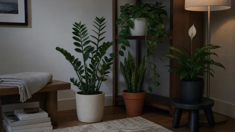 A real interior corner of a calm modern home with a tall ZZ plant on the floor, a snake plant on a low shelf, a jade pothos trailing from a tall bookcase, and a peace lily on a small side table, all in soft cool ambient daylight from an off-frame north-facing window with no direct sun anywhere, calm uncluttered styling