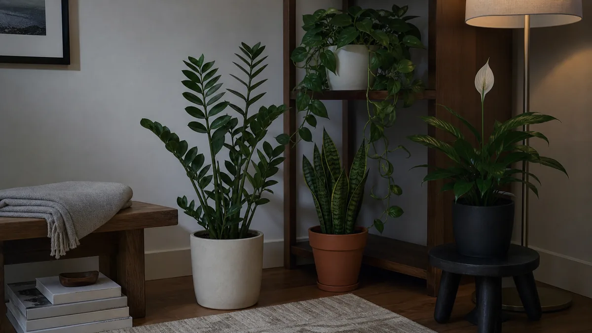 A real interior corner of a calm modern home with a tall ZZ plant on the floor, a snake plant on a low shelf, a jade pothos trailing from a tall bookcase, and a peace lily on a small side table, all in soft cool ambient daylight from an off-frame north-facing window with no direct sun anywhere, calm uncluttered styling