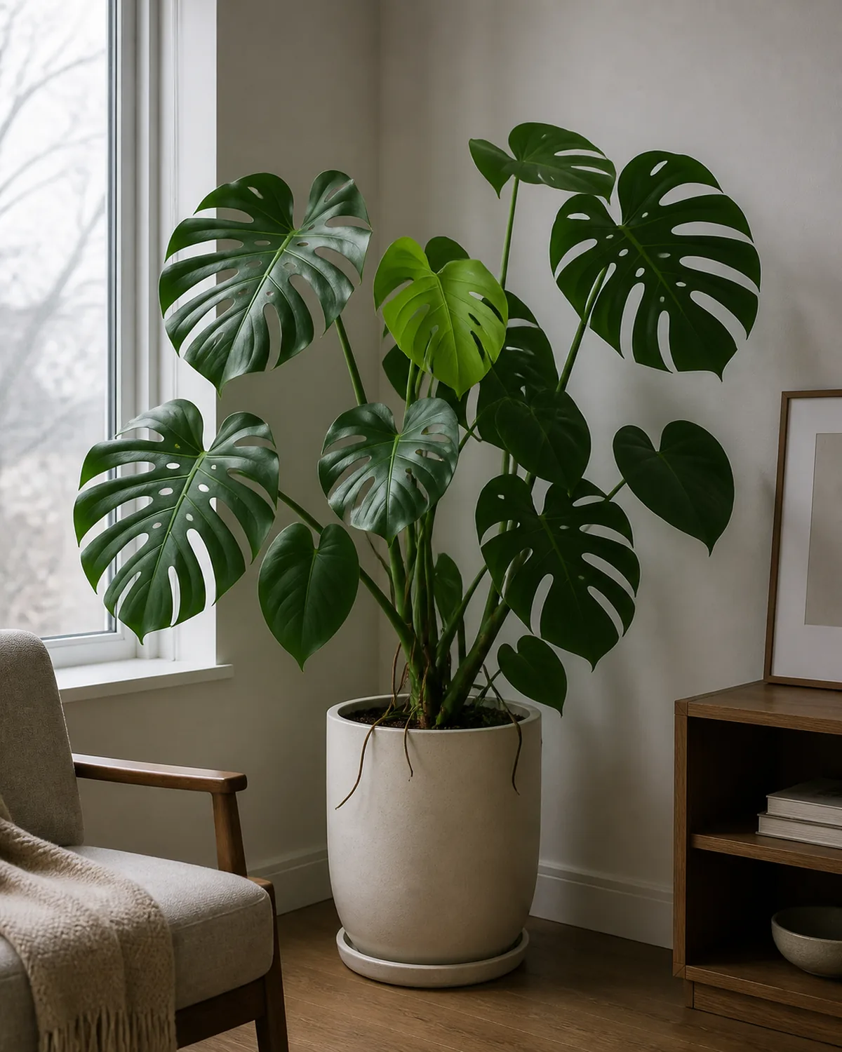 A mature monstera deliciosa in a plain pale-cream ceramic floor pot in a real living-room corner 4 feet from a tall north-facing window in soft focus, only cool overcast ambient daylight, large heart-shaped fenestrated leaves and 1-2 newer smaller solid leaves communicating the low-light growth signal
