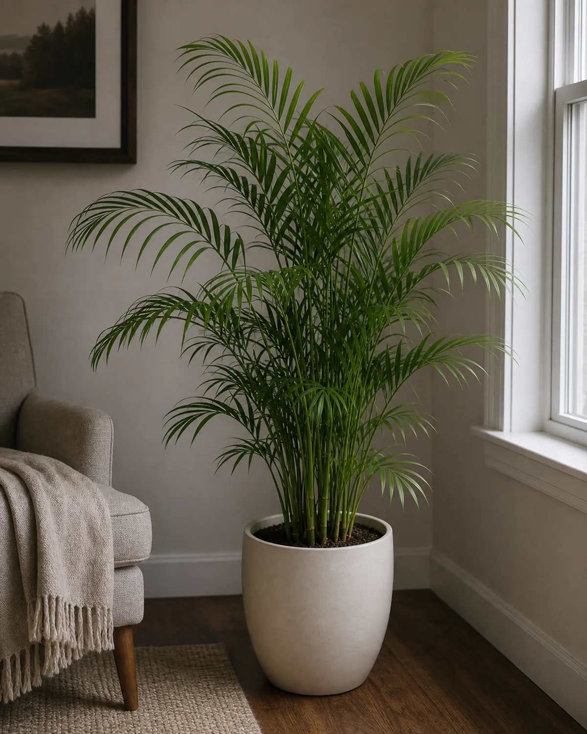 A mature 3-foot parlor palm in a plain pale-cream ceramic floor pot standing in a real living-room corner 6 feet from a tall north-facing window in soft focus, only cool overcast ambient daylight, slim arching pinnate fronds on slender bamboo-like green canes