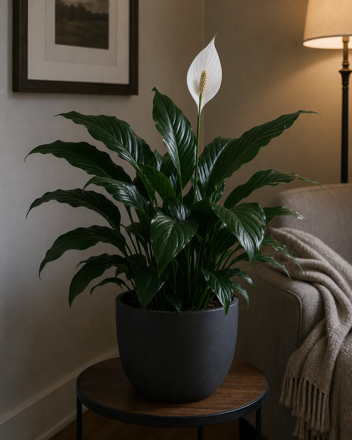 A mature peace lily in a plain charcoal ceramic pot on a small side table in a calm dim real living room corner 5 feet from an off-frame north-facing window with soft cool ambient daylight, glossy dark lance leaves and one clearly visible white spathe flower