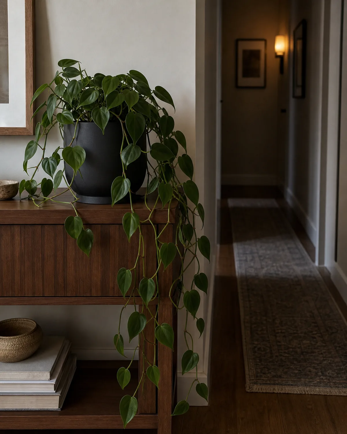 A mature heart-leaf philodendron in a plain charcoal ceramic pot on a low console table in a true interior hallway 8 feet from any window with dim soft ambient daylight and a faint warm wall sconce glow, smaller deeper-uniform-green solid heart leaves on long thin trailing vines