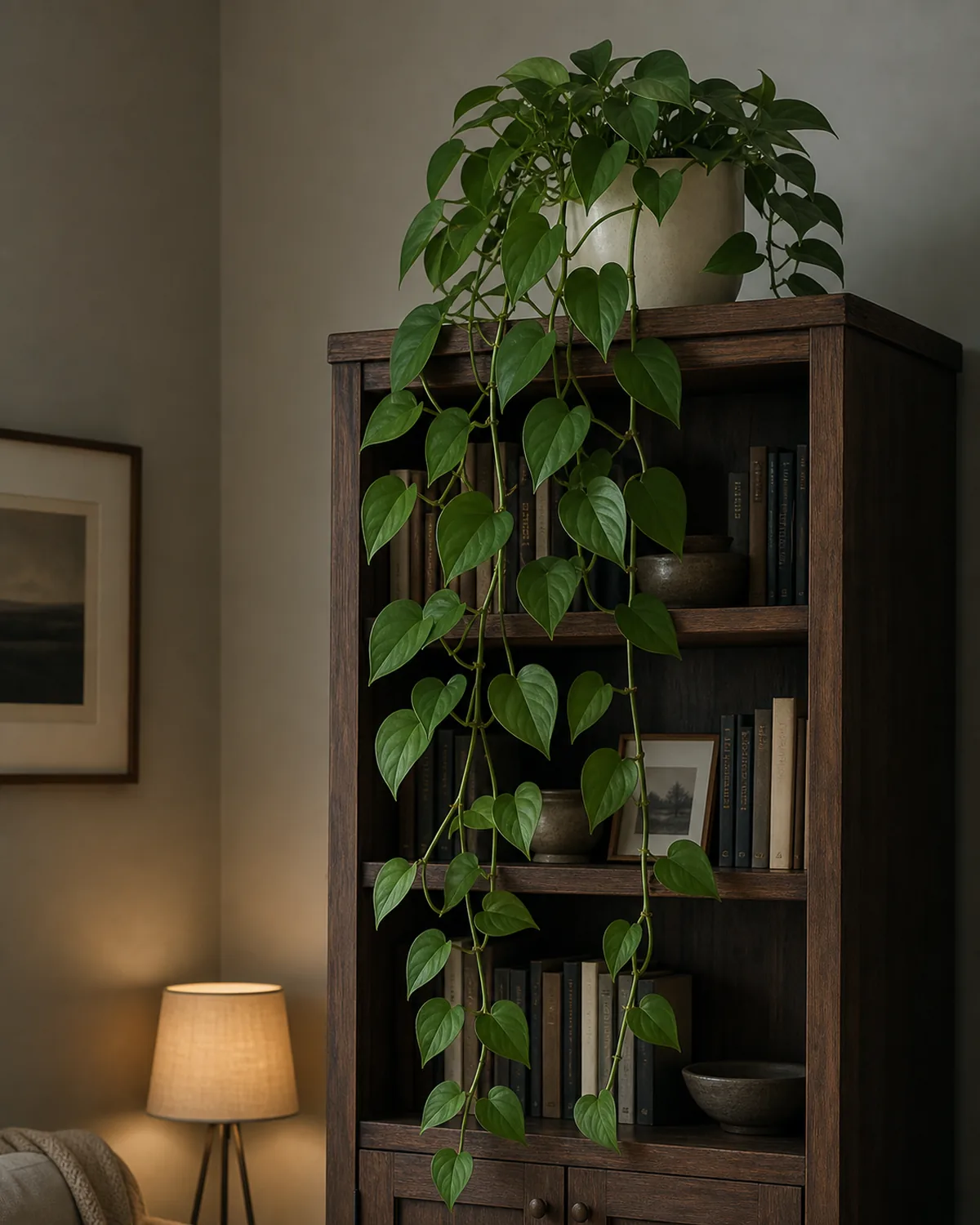 A solid jade-green pothos in a plain pale-cream ceramic pot on top of a tall bookcase in a dim real living room with long heart-leaf trailing vines cascading 2-3 feet down the front, only soft cool ambient daylight and a warm floor-lamp glow
